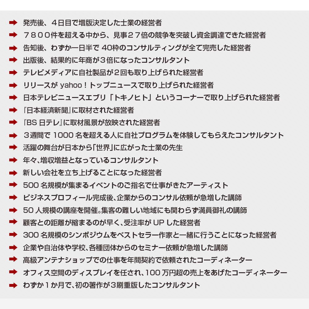 発売後、４日目で増版決定した士業の経営者 ７８００件を超える中から、見事２７倍の競争を突破し資金調達できた経営者 出版後、告知後、わずか１日半で40枠のコンサルティングがすべて完売した経営者、結果的に年商が３倍になったコンサルタント テレビメディアに自社製品が２回も取り上げられた経営者 リリースが yahoo！トップニュースで取り上げられた経営者 日本テレビニュースエブリ「トキノヒト」というコーナーで取り上げられた経営者